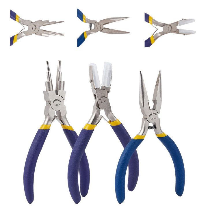 BENECREAT 3 Pieces Jewelry Plier Tool Set, 6 in 1 Bail Making Looping Pliers Double Nylon Jewelry Pliers and Chain Nose Jewelry Pliers for DIY Beading Craft Making Project.  Package Includes: 3 different pliers, bail making plier, chain nose plier, double nylon jaw plier. Perfect for both beginners or professionals 6-Step Bail Making Pliers: loops in 3mm, 4mm, 6mm, 7mm, 8mm, 10mm