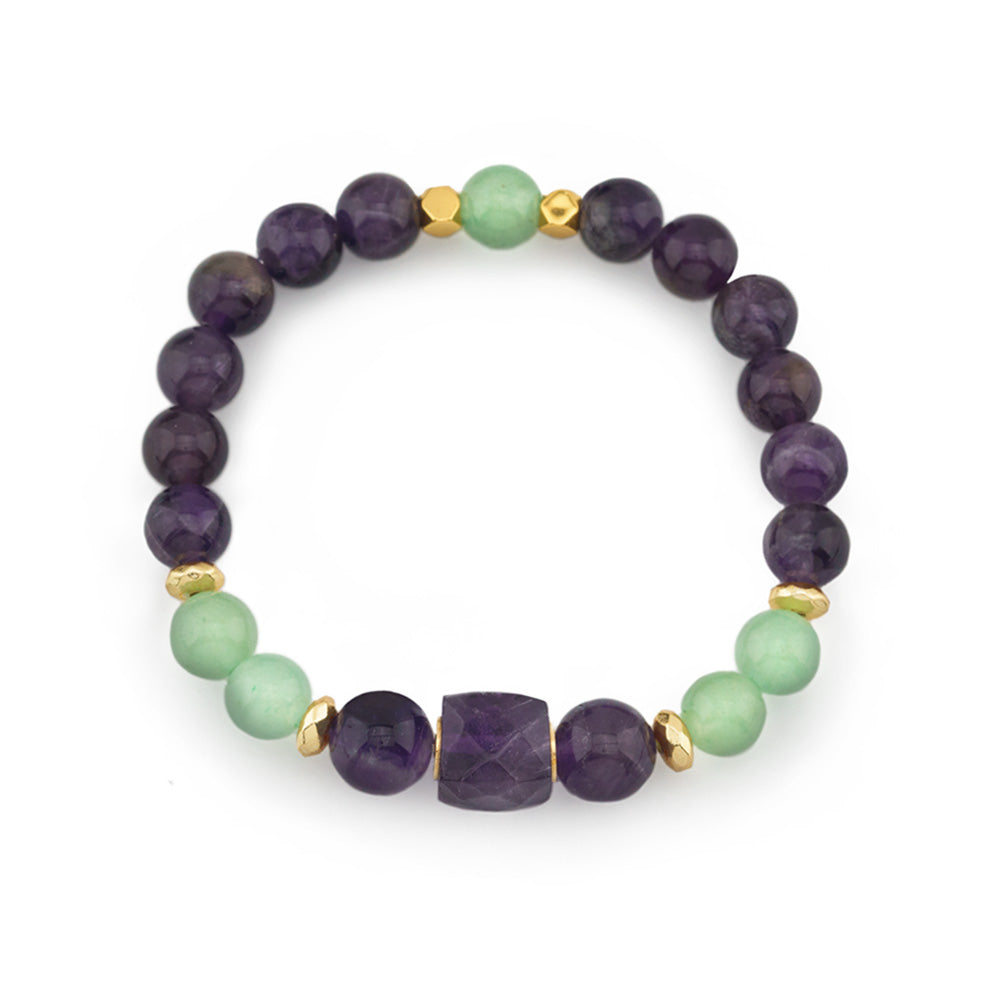 Amethyst &amp; Green Aventurine Beaded Gemstone Stretch Bracelet with Amethyst Centerpiece

This handcrafted Amethyst &amp; Green Aventurine Beaded Stretch Bracelet is a standout accessory featuring a beautiful 10x10mm faceted square amethyst bead as the focal point. Flanked by two 10mm amethyst beads, the centerpiece creates a balanced and eye-catching design. The bracelet also incorporates 8mm amethyst and green aventurine beads, along with 6mm gold faceted hematite accents, adding a touch of elegance.