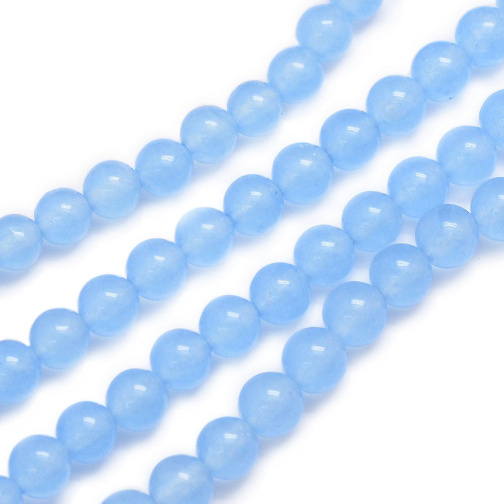 Blue Jade Beads, Round, Light Sky-Blue Color. Semi-Precious Crystal Gemstone Beads for Jewelry Making.   Size: 10mm in Diameter, Hole: 1mm; approx. 37pcs/strand, 14.5" Inches Long.  Material: White Jade Beads, dyed Light Sky-Blue Color. Polished, Shinny Finish