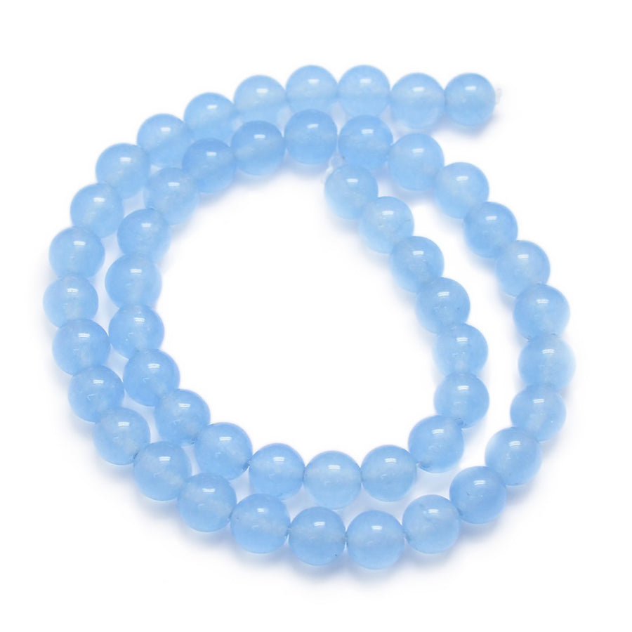 Blue Jade Beads, Round, Light Sky Blue Color. Semi-Precious Crystal Gemstone Beads for Jewelry Making.   Size: 6mm in Diameter, Hole: 0.8mm; approx. 62pcs/strand, 14.5" Inches Long.  Material: White Jade Beads, dyed Light Sky Blue Color. Polished, Shinny Finish.