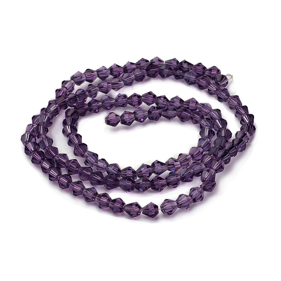 Glass Beads, Faceted, Dark Purple Color, Bicone, Crystal Beads for Jewelry Making.

Size: 4mm Length, 4mm Width, Hole: 1mm; approx. 92pcs/strand, 13.75" inches long.

Material: The Beads are Made from Glass. Austrian Crystal Imitation&nbsp;Glass Bicone Beads Transparent Dark Purple Colored Beads. Polished, Shinny Finish.&nbsp;