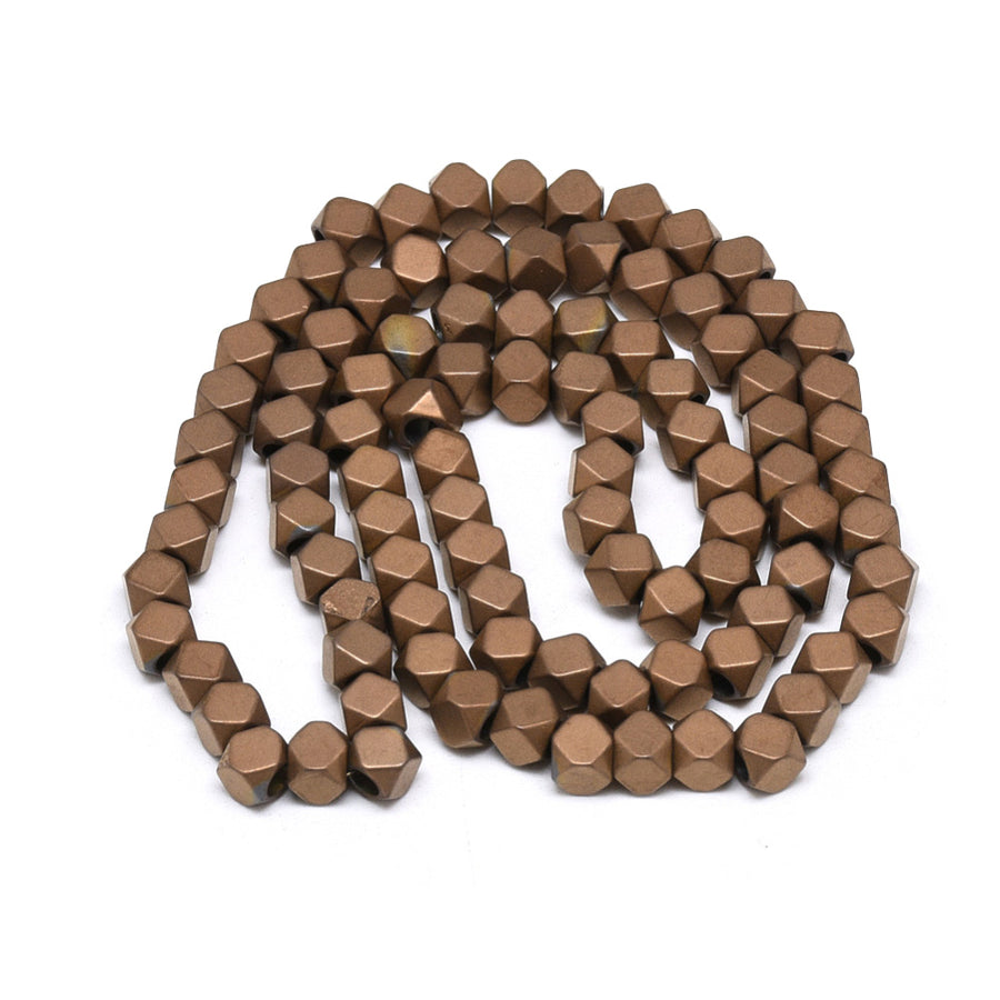 Large Hole Matte Copper Plated Hematite Spacer Beads. Matte Copper Colored Electroplated Non-magnetic Hematite Beads for Jewelry Making.  Size: 4x4x4mm, Hole: 2mm; approx. 95pcs/strand, 15 inches long.  Material: Electroplated Non-Magnetic Synthetic Matte Copper Hematite Spacer Beads.   