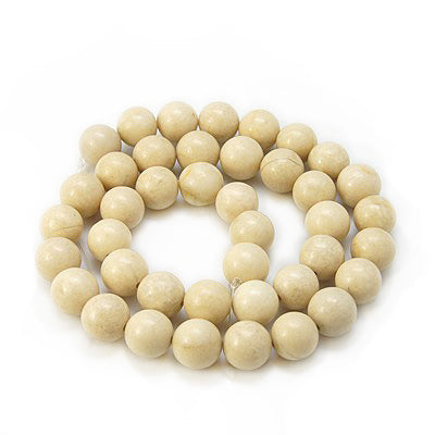 Natural Fossil Beads, Round, Pale Cream or Bone Color. Semi-Precious Stone Beads for Jewelry Making.   Size: 10-10.5mm Diameter, Hole: 1.2mm; approx. 34-36pcs/strand, 15" inches long.  Material: The Beads are Natural Fossil Stone. Pale Cream, Pale Bone Colored Stone Beads. Polished, Shinny Finish.