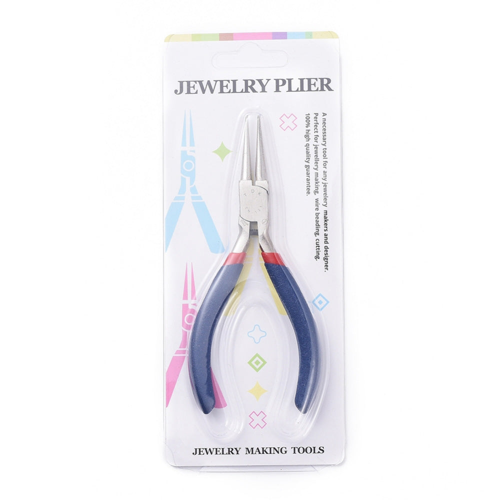 Ferronickel Platinum Round Nose Jewelry Pliers for DIY Jewelry Making Projects.  Size: 85mm wide, 125mm long, 10mm thick, nose pliers opening width: 21mm.  Material: Carbon Steel Pliers, Ferronickel, Platinum, Midnight Blue Color.  Use: These Pliers are used for Jewelry Making, Wire Wrapping. They can be used to close loops, or to make eye pins, etc.