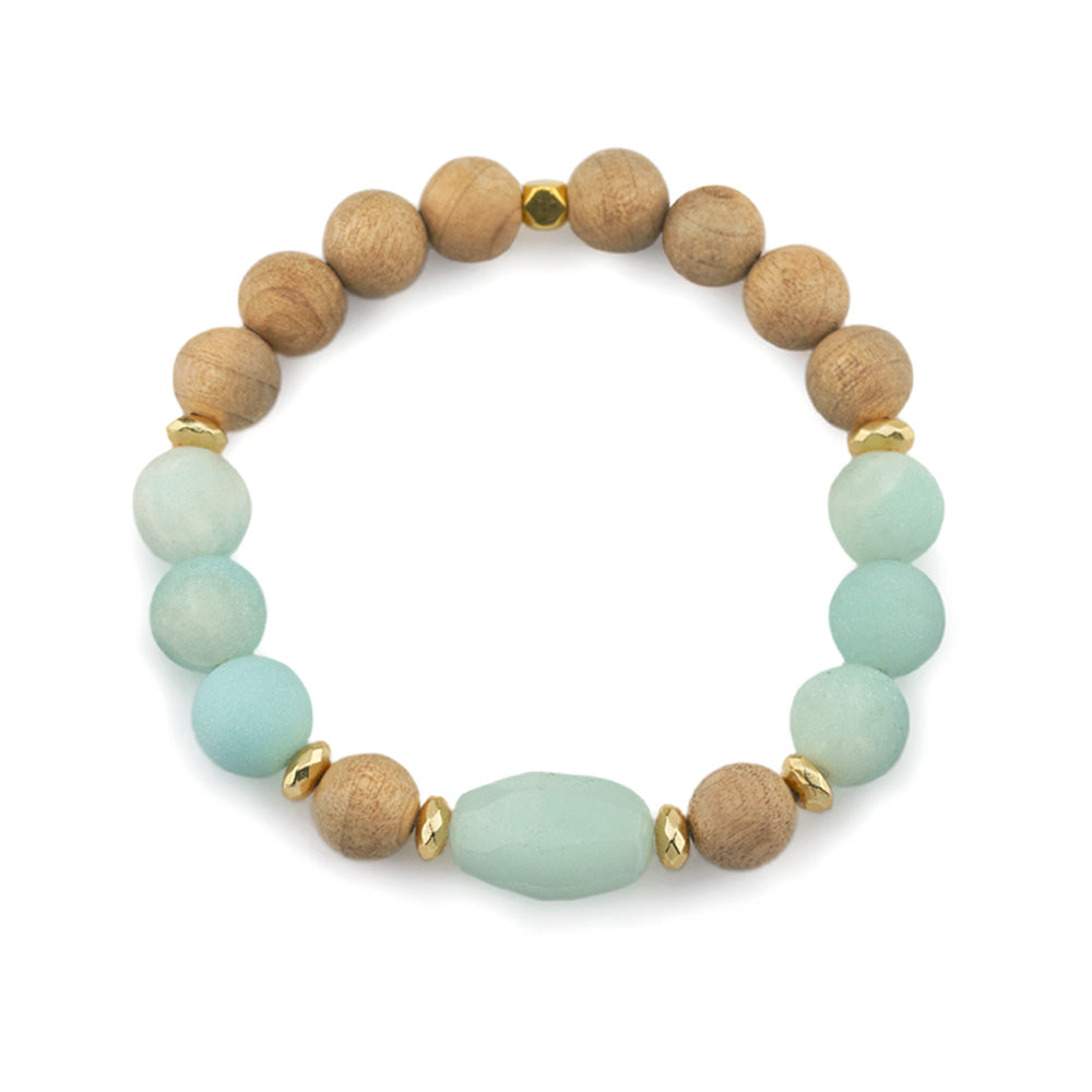 Amazonite &amp; Burlywood Wooden Beaded Gemstone Stretch Bracelet with Amazonite Centerpiece.

Elevate your style with this handcrafted Amazonite &amp; Burlywood Wooden Beaded Stretch Bracelet, featuring a striking faceted oval Amazonite centerpiece. Designed with a combination of 10mm Burlywood wooden beads, 10mm frosted Amazonite gemstone beads, and accented with 6mm gold faceted hematite rondelles and a 6mm gold square bead, this bracelet offers a harmonious blend of earthy tones and elegance.