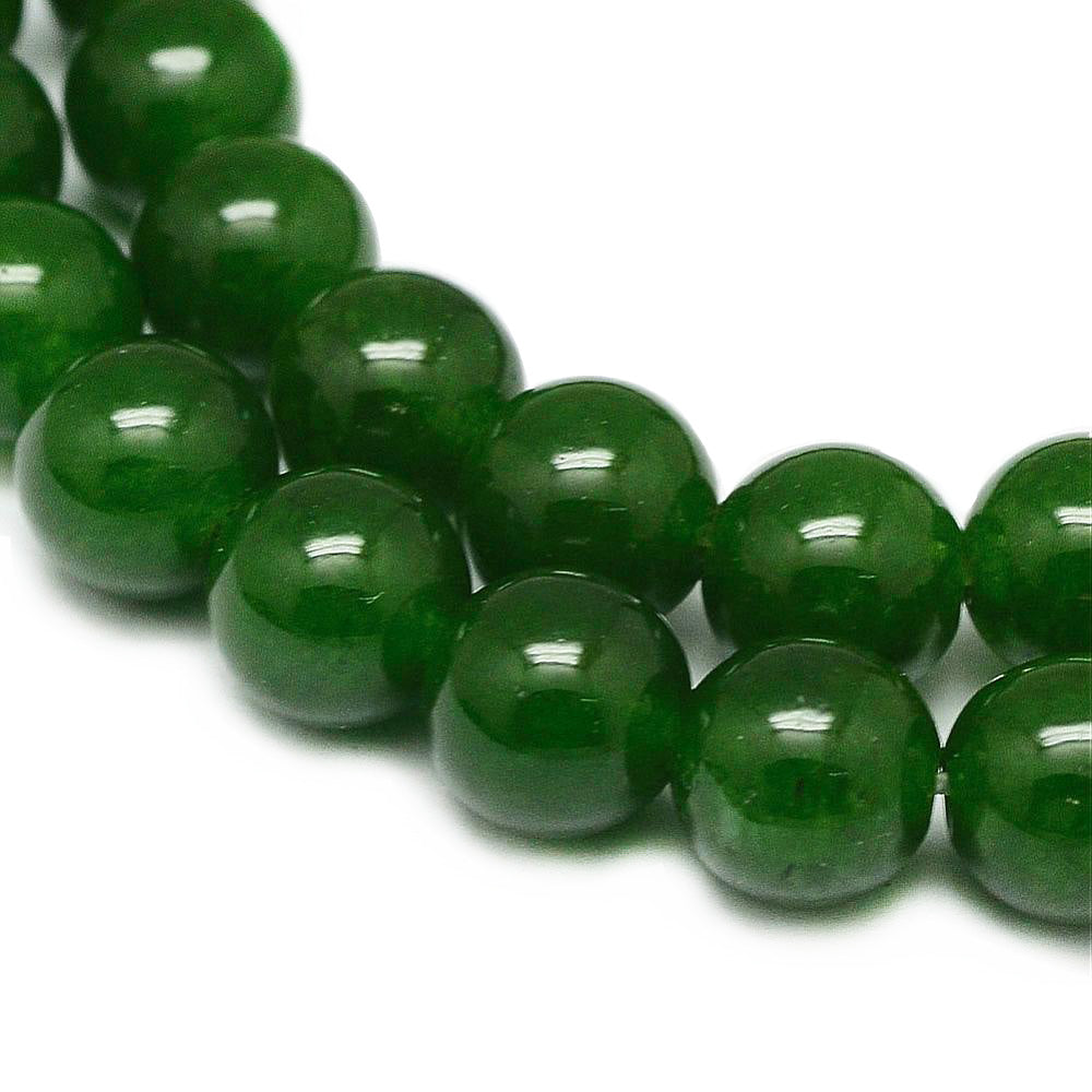 Green Jade Beads, Round, Dark Green Color. Semi-Precious Gemstone Beads for DIY Jewelry Making.   Size: 10mm Diameter, Hole: 1mm; approx. 38pcs/strand, 15 Inches Long.  Material: Natural TaiWan Green Jade Beads. Deep Green Color. Polished Finish. 