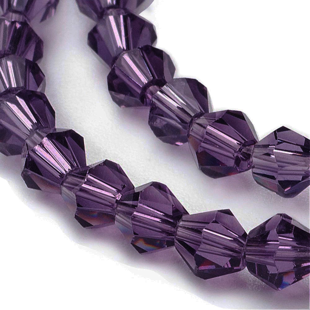 Glass Beads, Faceted, Dark Purple Color, Bicone, Crystal Beads for Jewelry Making.

Size: 4mm Length, 4mm Width, Hole: 1mm; approx. 92pcs/strand, 13.75" inches long.

Material: The Beads are Made from Glass. Austrian Crystal Imitation&nbsp;Glass Bicone Beads Transparent Dark Purple Colored Beads. Polished, Shinny Finish.&nbsp;