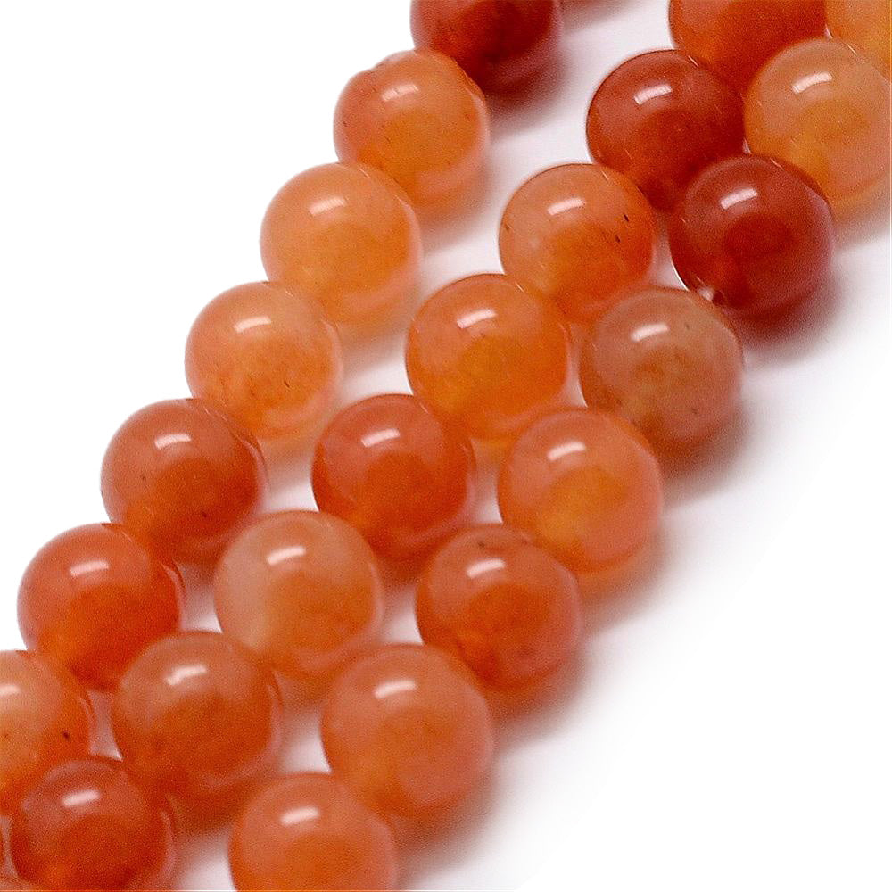 Natural Red Aventurine Bead Strands, Round, Orange Color. Semi-Precious Polished Aventurine Beads for Jewelry Making.   Size: 8mm in diameter, hole: 1mm; approx. 42pcs/strand, 15" inches long.  Material: The Beads are Natural Red Aventurine Stone. Orange Color. Polished Finish.  Red Aventurine Properties: A Stone that Motivates One to Take Physical Action that Will Make Their Dreams Come True.  Red Aventurine Gemstones Amplify Energy; these Gems Revitalize and Renew.  It Boosts Confidence and Will Power.   