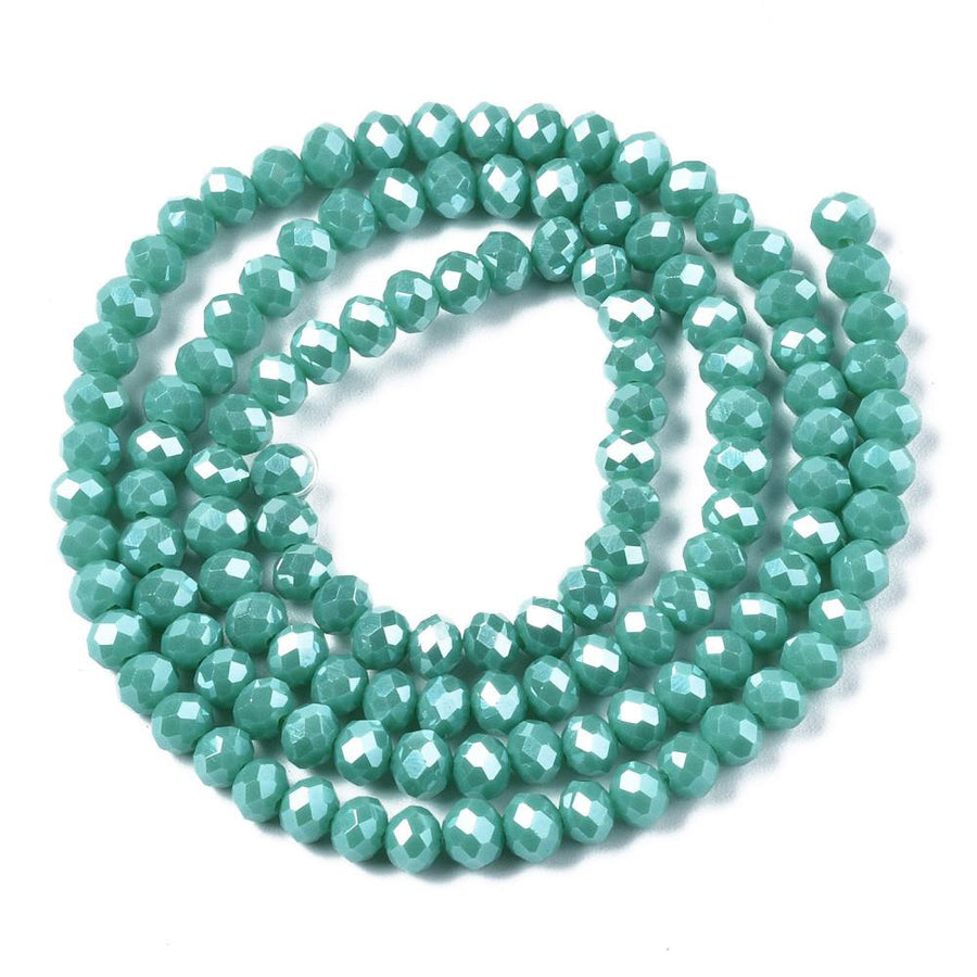 Opaque Glass Beads, Faceted, Pearl Luster Plated Turquoise Color, Bicone, Glass Crystal Beads for Jewelry Making.

Size: 4mm Length, 4mm Width, Hole: 1mm; approx. 92pcs/strand, 13.75" inches long.

Material: The Beads are Made from Glass. Electroplated Crystal Imitation&nbsp;Glass Beads, Bicone, Opaque Turquoise Colored Beads. Polished, Shinny Finish.&nbsp;