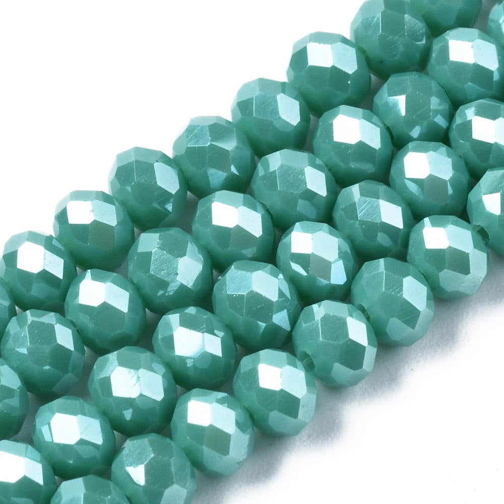 Opaque Glass Beads, Faceted, Pearl Luster Plated Turquoise Color, Bicone, Glass Crystal Beads for Jewelry Making.

Size: 4mm Length, 4mm Width, Hole: 1mm; approx. 92pcs/strand, 13.75" inches long.

Material: The Beads are Made from Glass. Electroplated Crystal Imitation&nbsp;Glass Beads, Bicone, Opaque Turquoise Colored Beads. Polished, Shinny Finish.&nbsp;