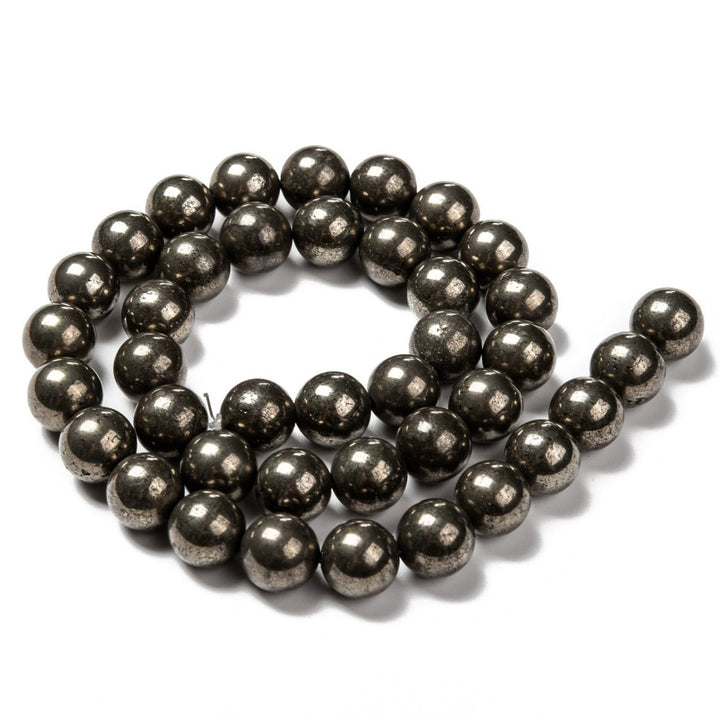 Natural Pyrite Beads, Round, Gunmetal Grey Color. Semi-Precious Gemstone Beads for Jewelry Making.   Size: 10mm Diameter, Hole: 1mm; approx. 38-40pcs/strand, 15" Inches Long.  Material: Genuine Pyrite Semi Precious Stone Beads. Polished, Shinny Finish.