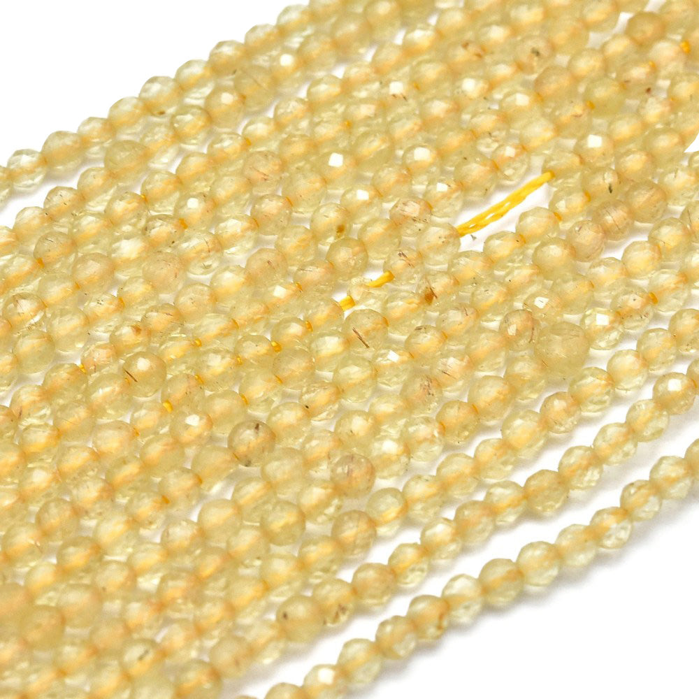 Faceted Citrine Beads, Round, Yellow Color. Semi-Precious Stone Beads for DIY Jewelry.  Size: 2mm Diameter, Hole: 0.5mm; approx. 190pcs/strand, 14.5" Inches Long.  Material: Natural Faceted Citrine Beads, Dyed Yellow Color. Polished Finish.