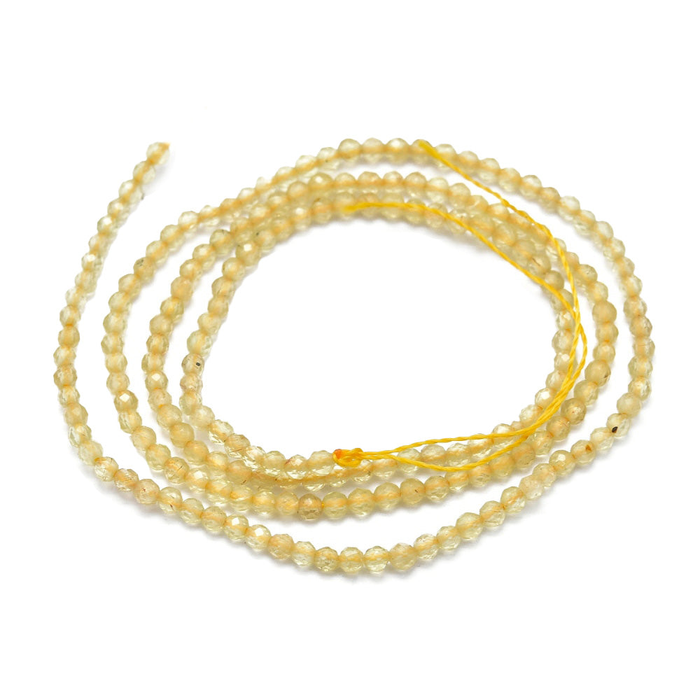 Faceted Citrine Beads, Round, Yellow Color. Semi-Precious Stone Beads for DIY Jewelry.  Size: 2mm Diameter, Hole: 0.5mm; approx. 190pcs/strand, 14.5" Inches Long.  Material: Natural Faceted Citrine Beads, Dyed Yellow Color. Polished Finish.