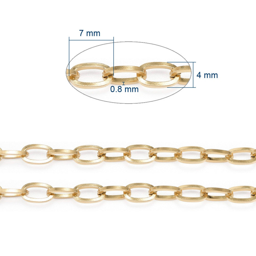 Stainless Steel Cable Chain, 18K Gold-Plated Chain for making DIY Jewelry.  Color: Stainless Steel   Size: 7x4x0.8mm sold per/1m  Material: 304 Stainless Steel, Ion Plating, 18K Gold-Plated Stainless-Steel Chain.