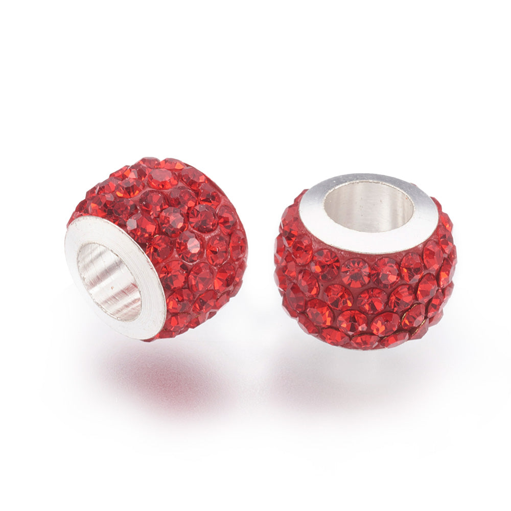 304 Stainless Steel European Large Hole Focal Beads. Rhinestone Spacer Beads, Rondelle, Red Colored Large Hole Beads. Add Some Shine and Sparkle to Your Creations.  Size: 11mm Diameter, 7.5mm Wide, Hole Size: 5mm, approx. 5pcs/bag.  Material: 304 Stainless Steel Polymer Clay Rhinestone Beads, Large Hole Beads, Rondelle, Red Color. Shiny, Sparkling Finish.