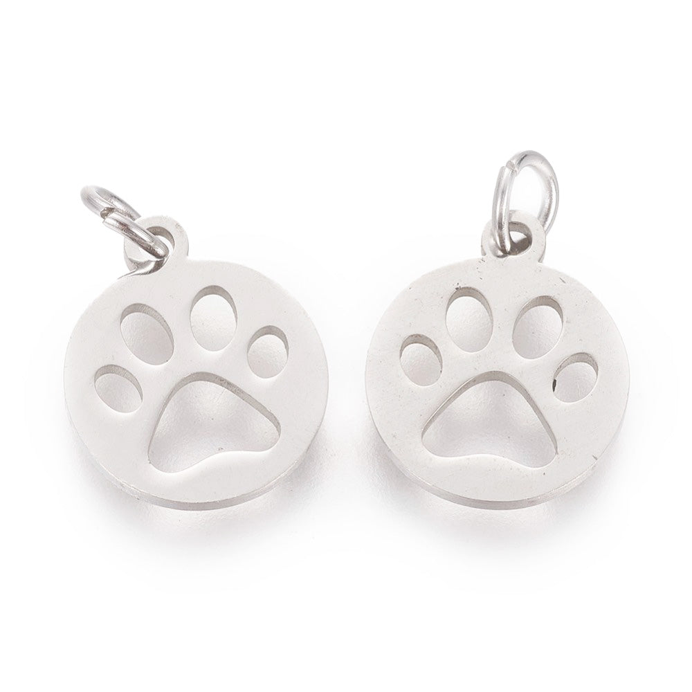 304 Stainless Steel Flat Round Dog Paw Print Charm, Stainless Steel Colored Pendant Charms for DIY Jewelry Making.   Size: approx. 12mm Width, 14mm Length, 1mm Thick, Hole: 4mm, Quantity: 1 pcs/bag.   Material: 304 Stainless Steel Charms. Stainless Steel Silver Color. Shinny Finish.