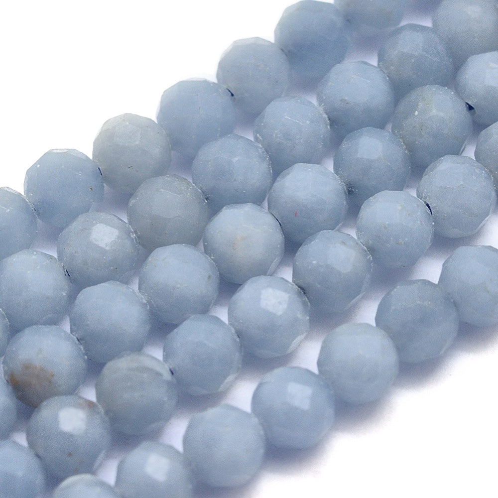 Angelite Beads, Faceted, Light Blue Color. Semi-Precious Gemstone Beads for DIY Jewelry Making. Gorgeous, High Quality Stone Beads.  Size: 4mm Diameter, Hole: 0.8mm; approx. 96pcs/strand, 15" Inches Long.  Material: Genuine Natural Angelite Beads, Faceted, Anhydrite Beads, Light Blue Color. 