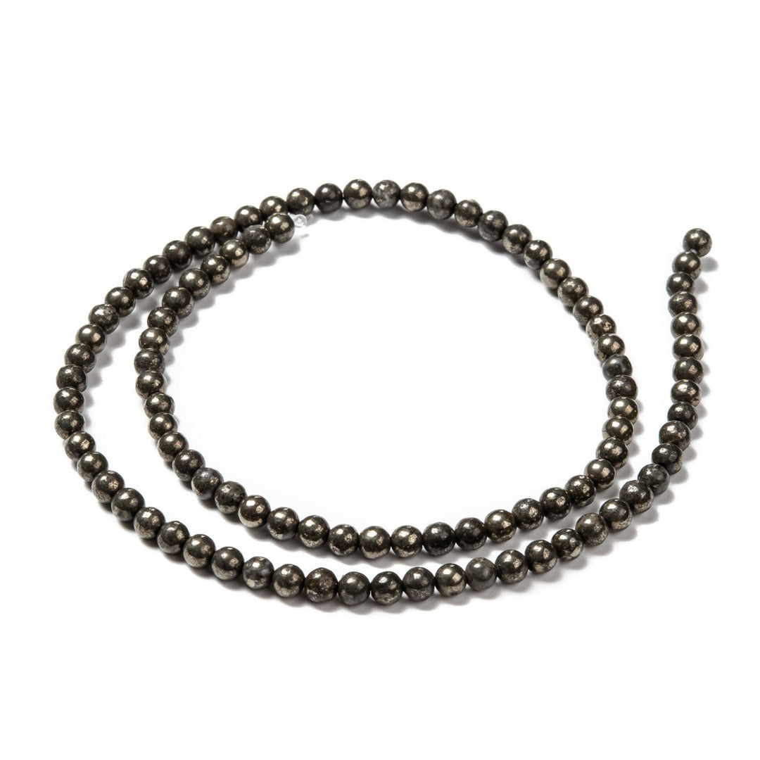 Natural Pyrite Beads, Round, Gunmetal Grey Color. Semi-Precious Gemstone Beads for Jewelry Making.   Size: 4mm Diameter, Hole: 0.5mm; approx. 98-100pcs/strand, 15" Inches Long.  Material: Genuine Pyrite Semi Precious Stone Beads. Polished, Shinny Finish.