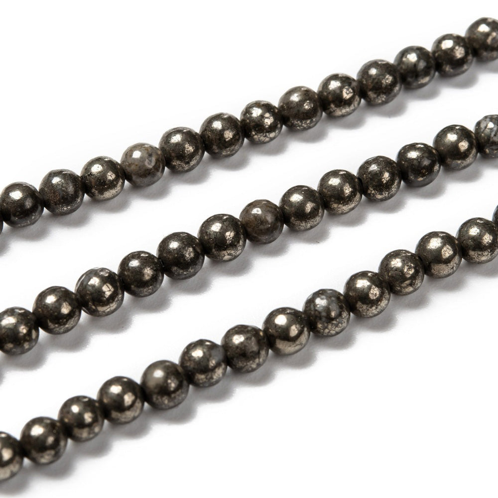 Natural Pyrite Beads, Round, Gunmetal Grey Color. Semi-Precious Gemstone Beads for Jewelry Making.   Size: 4mm Diameter, Hole: 0.5mm; approx. 98-100pcs/strand, 15" Inches Long.  Material: Genuine Pyrite Semi Precious Stone Beads. Polished, Shinny Finish.