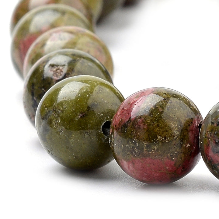 Natural Unakite Bead Strands, Round, Green Color. Semi-Precious Gemstone Beads for Jewelry Making. These Beads are Great for Stretch Bracelets.  Size: 8mm in diameter, hole: 1mm; approx. 45pcs/strand, 15" inches long.