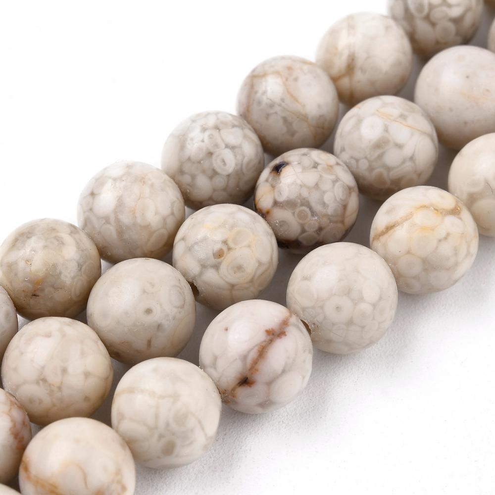 Natural Maifan Stone Beads, Round, Cream Color. Maifanite Semi-Precious Gemstone Beads for DIY Jewelry Making.  Size: 6mm Diameter, Hole: 1mm; approx. 60-62pcs/strand, 15" Inches Long.  Material: Genuine Maifanite/Maifan Stone Beads. Natural Stone Beads. Greyish Cream Color with Brown Markings. Polished Finish.