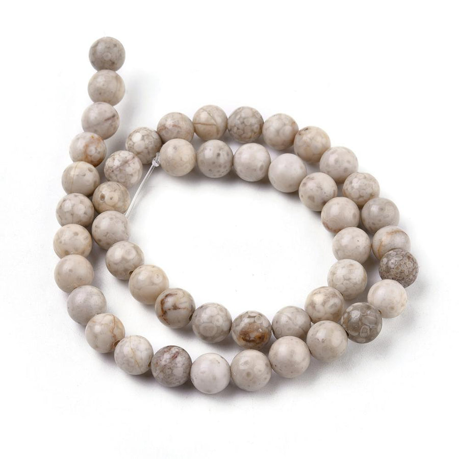 Natural Maifan Stone Beads, Round, Cream Color. Maifanite Semi-Precious Gemstone Beads for DIY Jewelry Making.  Size: 6mm Diameter, Hole: 1mm; approx. 60-62pcs/strand, 15" Inches Long.  Material: Genuine Maifanite/Maifan Stone Beads. Natural Stone Beads. Greyish Cream Color with Brown Markings. Polished Finish.