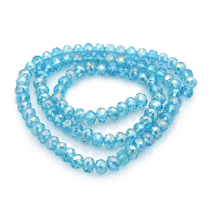 Electroplated Glass Beads, Faceted, Sky Blue Color, Rondelle, Glass Crystal Bead Strands. Shinny, Premium Quality Crystal Beads for Jewelry Making.  Size: 6mm Diameter, 4mm Thick, Hole: 1mm; approx. 98pcs/strand, 17" inches long.  Material: The Beads are Made from Glass. Electroplated Glass Crystal Beads, Rondelle, Sky Blue AB Colored Beads. Polished, Shinny Finish.