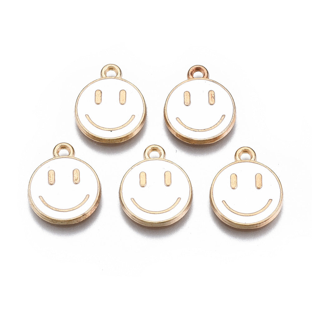 Alloy Enamel Charms, Smiley Face Charms. Happy Face Charms, White Color with Light Gold Plating for DIY Jewelry Making.  Size: 14mm Length, 12mm Width, 1.5mm Thick, Hole: 1.5mm, Qty: 5pcs/package  Material: Alloy (Cadmium, & Lead Free) White Enamel with Light Gold Plating.