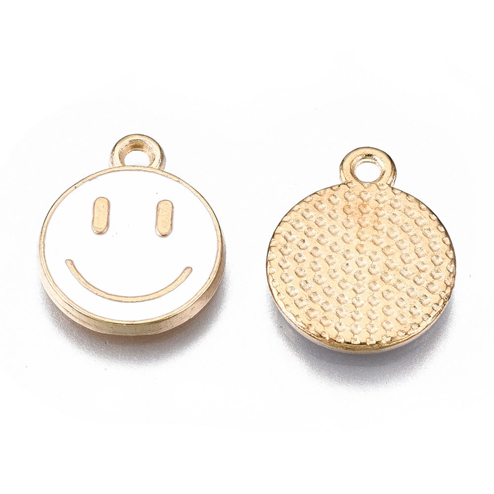 Alloy Enamel Charms, Smiley Face Charms. Happy Face Charms, White Color with Light Gold Plating for DIY Jewelry Making.  Size: 14mm Length, 12mm Width, 1.5mm Thick, Hole: 1.5mm, Qty: 5pcs/package  Material: Alloy (Cadmium, & Lead Free) White Enamel with Light Gold Plating.