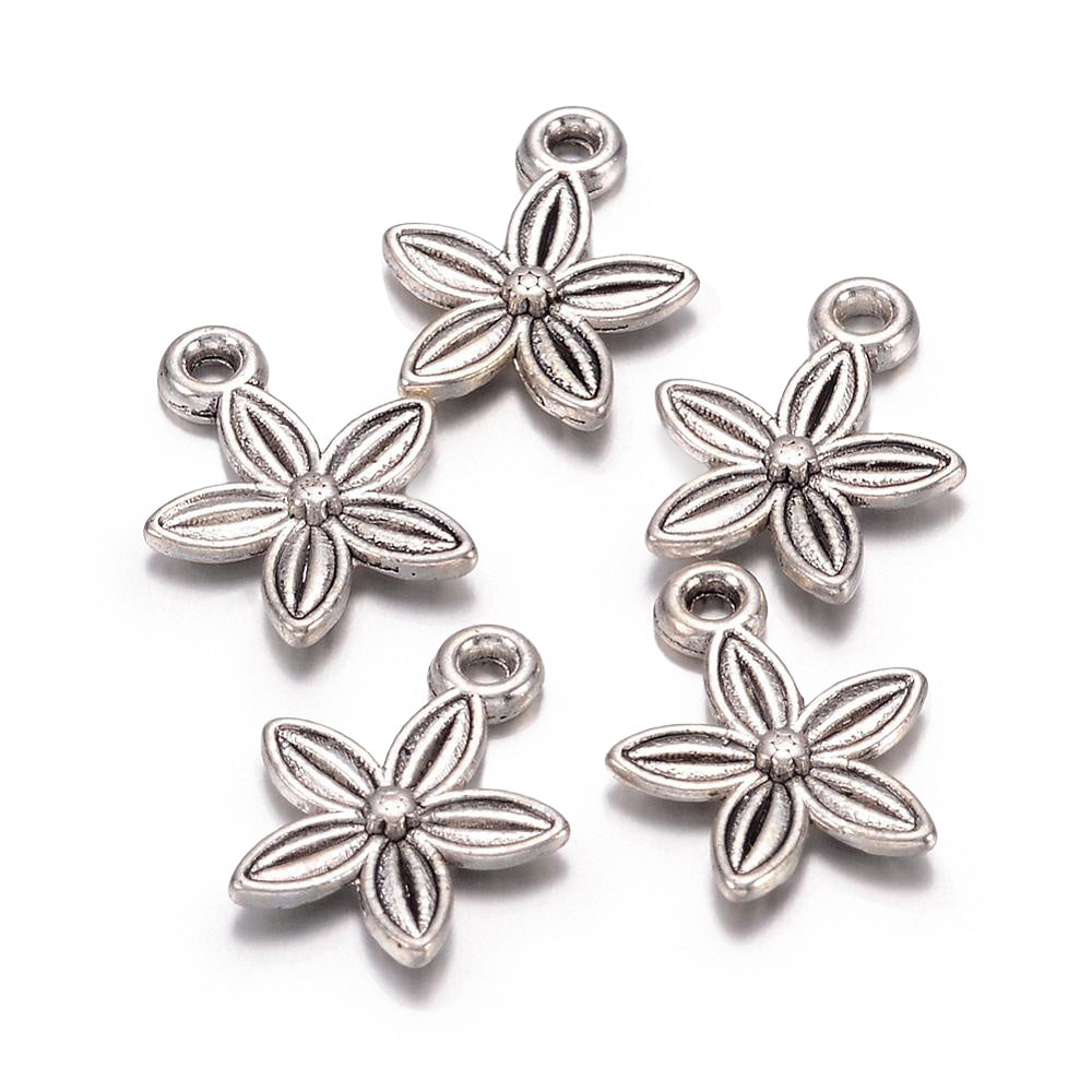 Alloy Flower Charms Beads, Antique Silver Colored Flower Charms for DIY Jewelry Making.   Size: 13mm Length, 10mm Width, 1.5mm Thick, Hole: 1mm, Quantity: 5pcs/package  Material: Zinc Alloy (Lead and Nickel Free) Charms. Antique Silver Color. Shinny Finish.