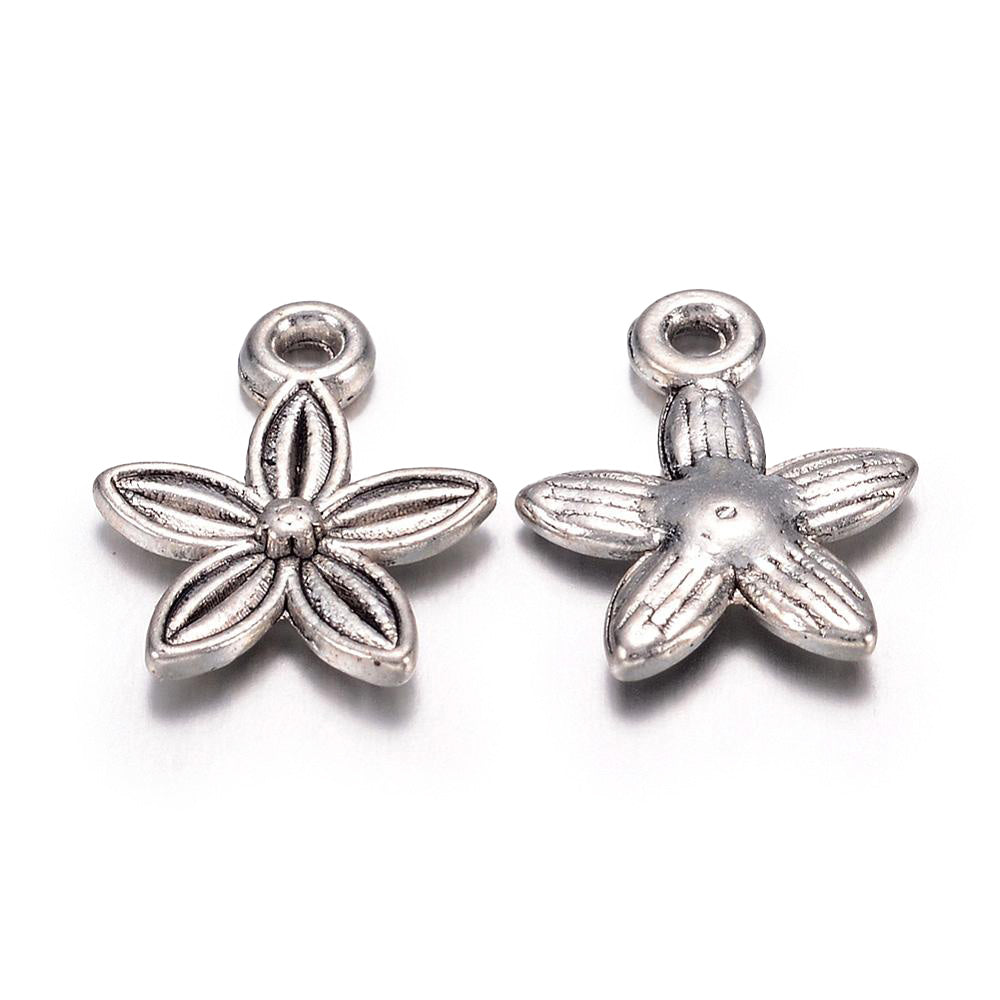 Alloy Flower Charms Beads, Antique Silver Colored Flower Charms for DIY Jewelry Making.   Size: 13mm Length, 10mm Width, 1.5mm Thick, Hole: 1mm, Quantity: 5pcs/package  Material: Zinc Alloy (Lead and Nickel Free) Charms. Antique Silver Color. Shinny Finish.