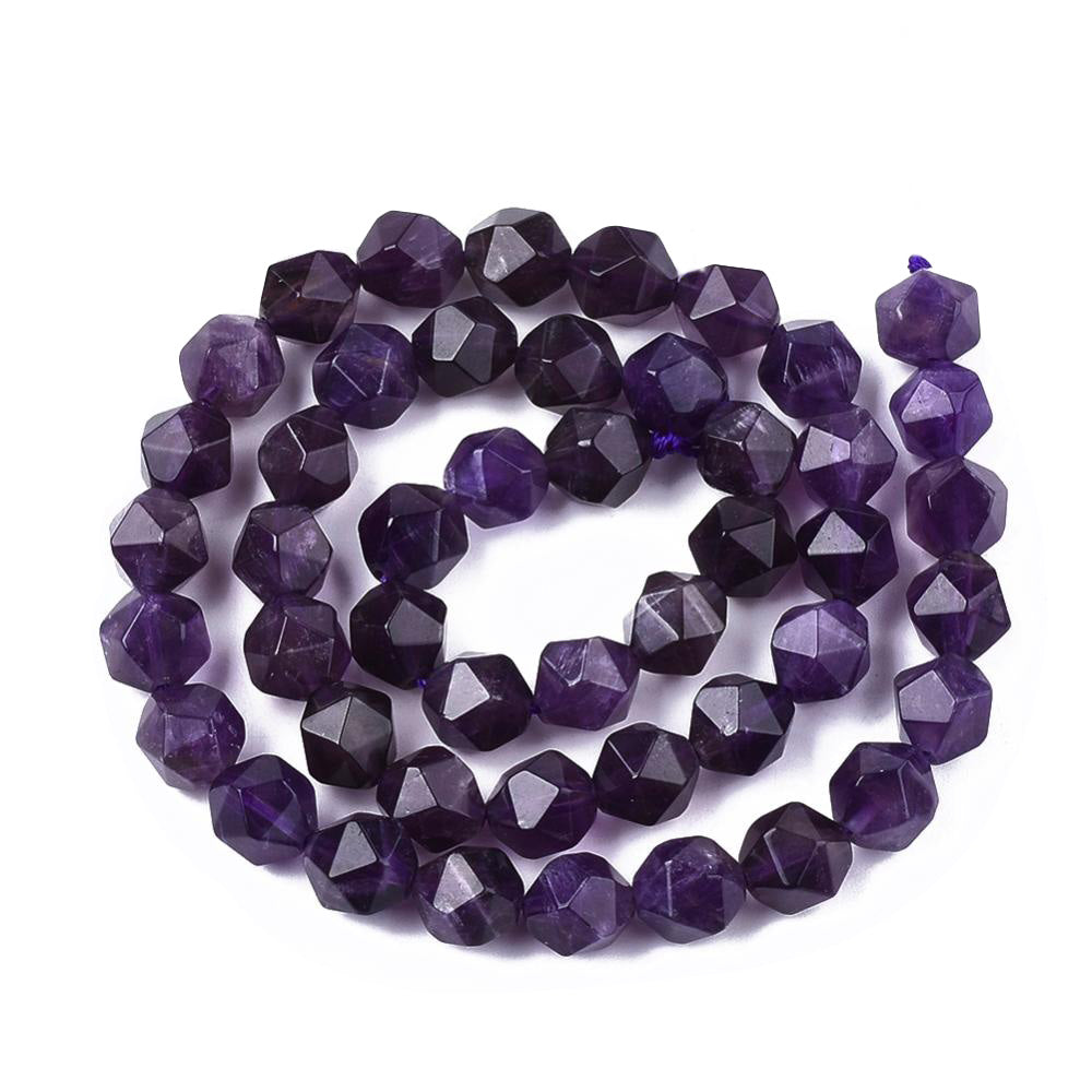 Natural Amethyst Beads, Round, Faceted, Star Cut Beads. Purple Color Semi-Precious Gemstone Beads for Jewelry Making.   Size: 8-10x7-8mm Diameter, Hole: 1mm; approx. 47-48pcs/strand, 14.5" Inches Long  Material: Genuine Star Cut Faceted Amethyst Crystal Beads. Purple Colored Semi Precious Stone Beads. Polished, Shinny Finish.