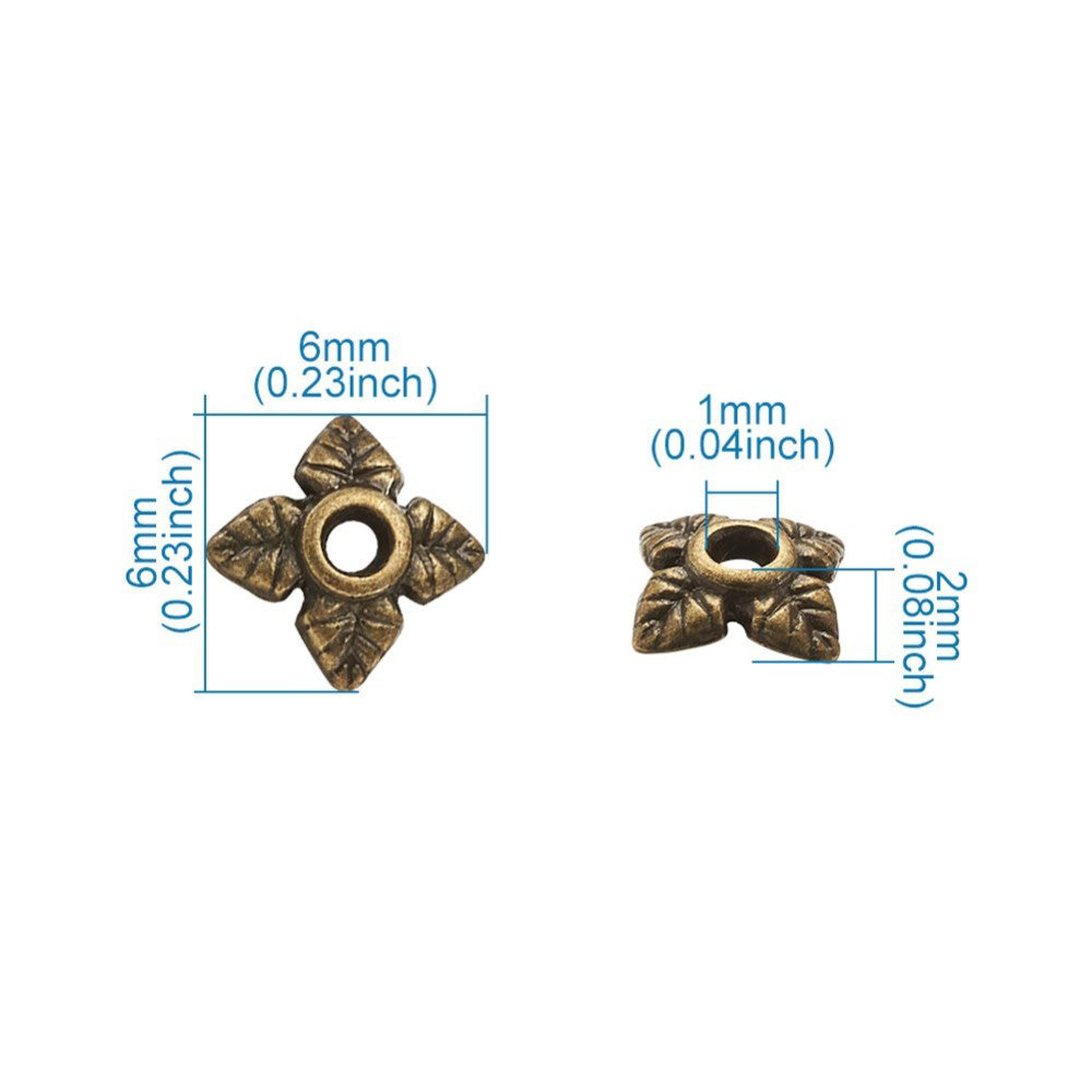 Alloy Flower Spacer Beads. Flower Shaped Bead Caps, Bonze Color. Flower Spacers for DIY Jewelry Making Projects.   Size: 6mm Diameter, 2mm Thick, Hole: 1mm, approx. 10pcs/package.  Material: Alloy Flower Bead Caps. Antique Bronze Color. Lead and Nickel Free.