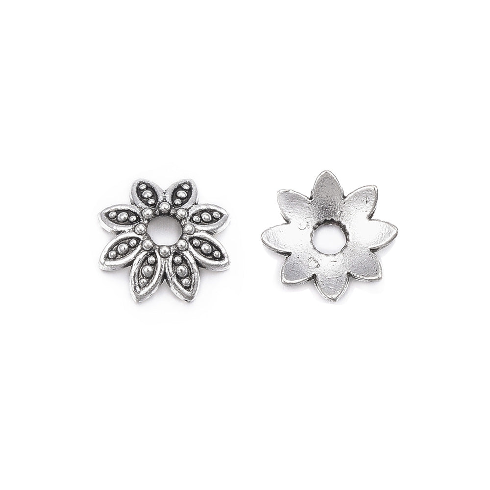 Multi Petal Alloy Flower Spacer Beads. Flower Shaped Bead Caps, Silver Color. Flower Spacers for DIY Jewelry Making Projects.   Size: 10mm Diameter, 2.5mm Thick, Hole: 1.5mm, approx. 25pcs/package.  Material: Alloy Multi Petal Flower Bead Caps. Antique Silver Color. Lead, Cadmium & Nickel Free.
