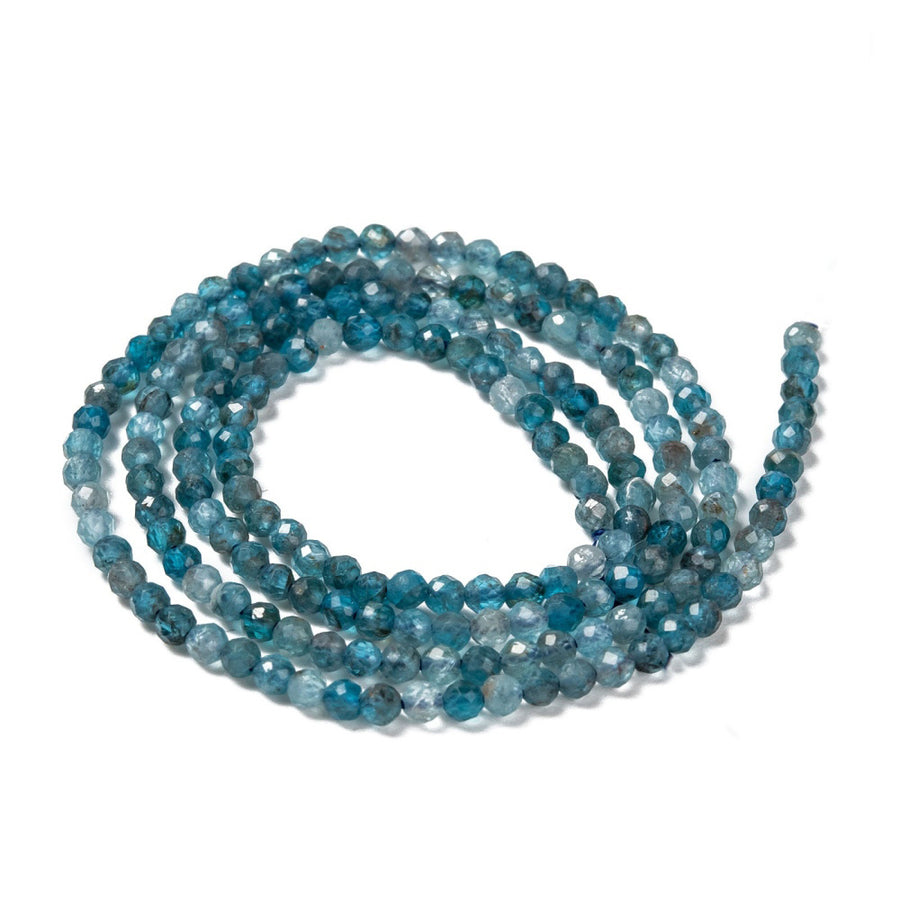 Faceted Apatite Natural Stone Beads Beads, Round, Blue Color. Semi-Precious Gemstone Beads for DIY Jewelry Making.  Size: 2mm Diameter, Hole: 0.5mm; approx. 172-175pcs/strand, 14" Inches Long.  Material: Genuine Apatite Beads, Natural Stone Beads. Blue Color. Polished, Shinny Finish.