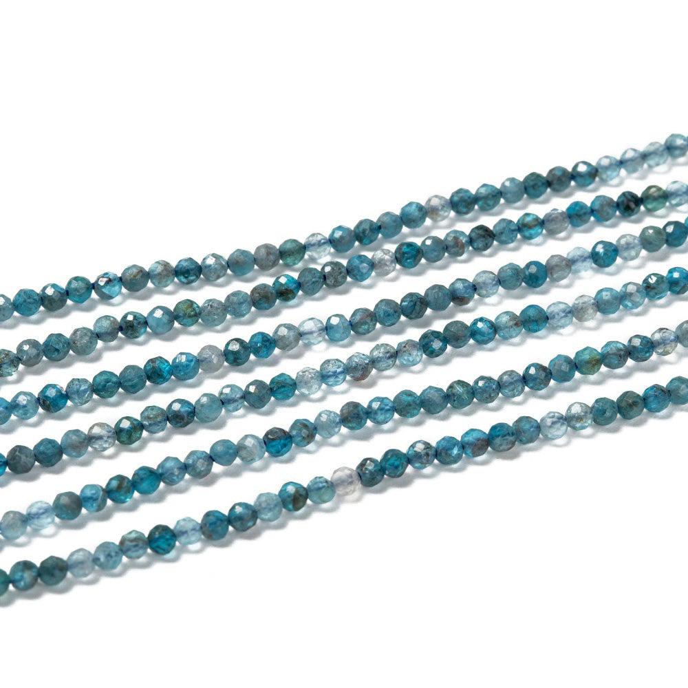 Faceted Apatite Natural Stone Beads Beads, Round, Blue Color. Semi-Precious Gemstone Beads for DIY Jewelry Making.  Size: 2mm Diameter, Hole: 0.5mm; approx. 172-175pcs/strand, 14" Inches Long.  Material: Genuine Apatite Beads, Natural Stone Beads. Blue Color. Polished, Shinny Finish.