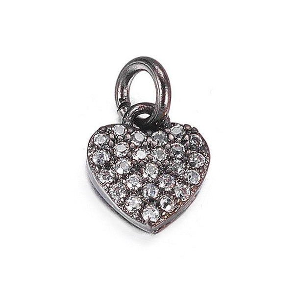 Brass Micro Pave Cubic Zirconia Heart Charm Beads. Black Color Heart Charm with Clear Cubic Zirconia for DIY Jewelry Making. Charms for Bracelet and Necklace Making. www.beadlot.com