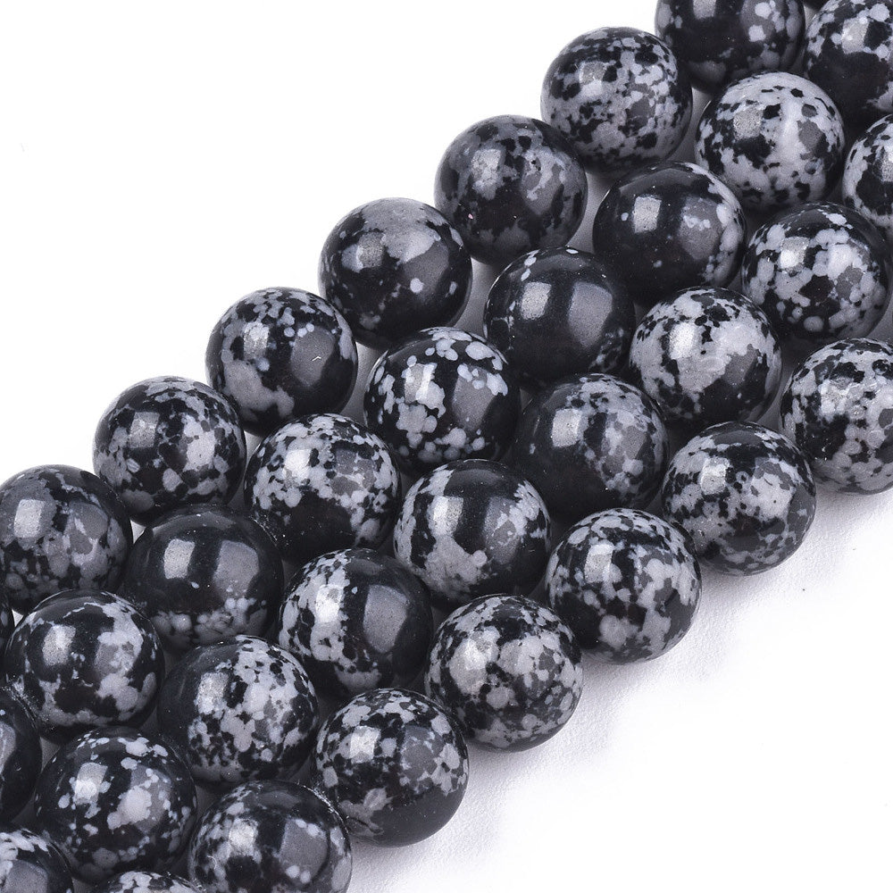 Natural Snowflake Obsidian Beads, Black Color. Semi-precious Gemstone Beads for DIY Jewelry Making.   Size: 8mm Diameter, Hole: 1mm approx. 42pcs/strand, 14 Inches Long.  Material: Genuine Natural Snowflake Obsidian Stone Beads, Black Color.  Shinny, Polished Finish. 