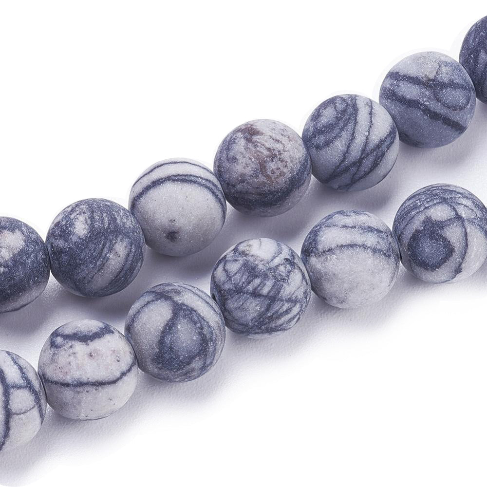 Frosted Natural Black Silk Stone Beads, Round, Dark Multi-Color Beads, Semi-Precious Gemstone Beads for Jewelry Making. Affordable High Quality Beads for Jewelry Making.  Size: 8-8.5mm Diameter, hole: 1mm; approx. 44pcs/strand, 15" inches long.