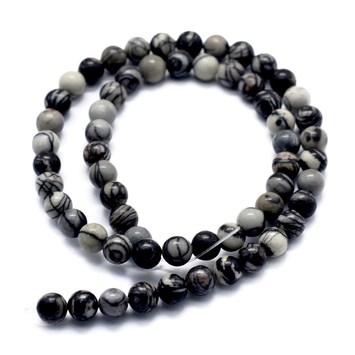 Natural Black Silk Stone Bead Strands, Round, Dark Multi-Color Beads, Semi-Precious Gemstone Beads for Jewelry Making.   Size: 4mm in diameter, hole: 0.5mm; approx. 92-95pcs/strand, 15" inches long.  Material: The Beads are Natural Black Silk Stone, Beads, Dark Colored Gemstone Beads. Cream, Grey, & Black Multi Color Beads. Polished, Shinny Finish.