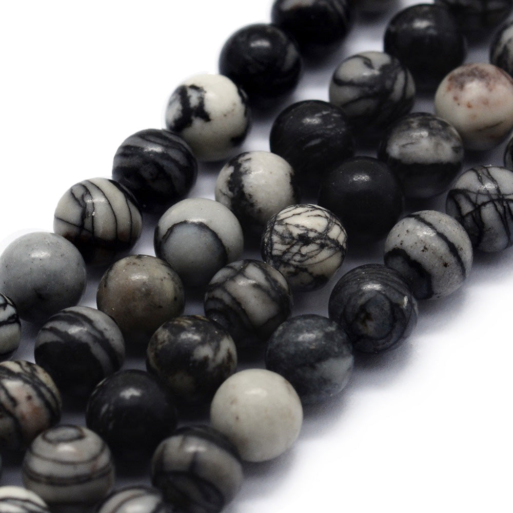 Natural Black Silk Stone Bead Strands, Round, Dark Multi-Color Beads, Semi-Precious Gemstone Beads for Jewelry Making.   Size: 6mm in diameter, hole: 0.5mm; approx. 58pcs/strand, 15" inches long.  Material: The Beads are Natural Black Silk Stone, Beads, Dark Colored Gemstone Beads. Cream, Grey, & Black Multi Color Beads. Polished, Shinny Finish.