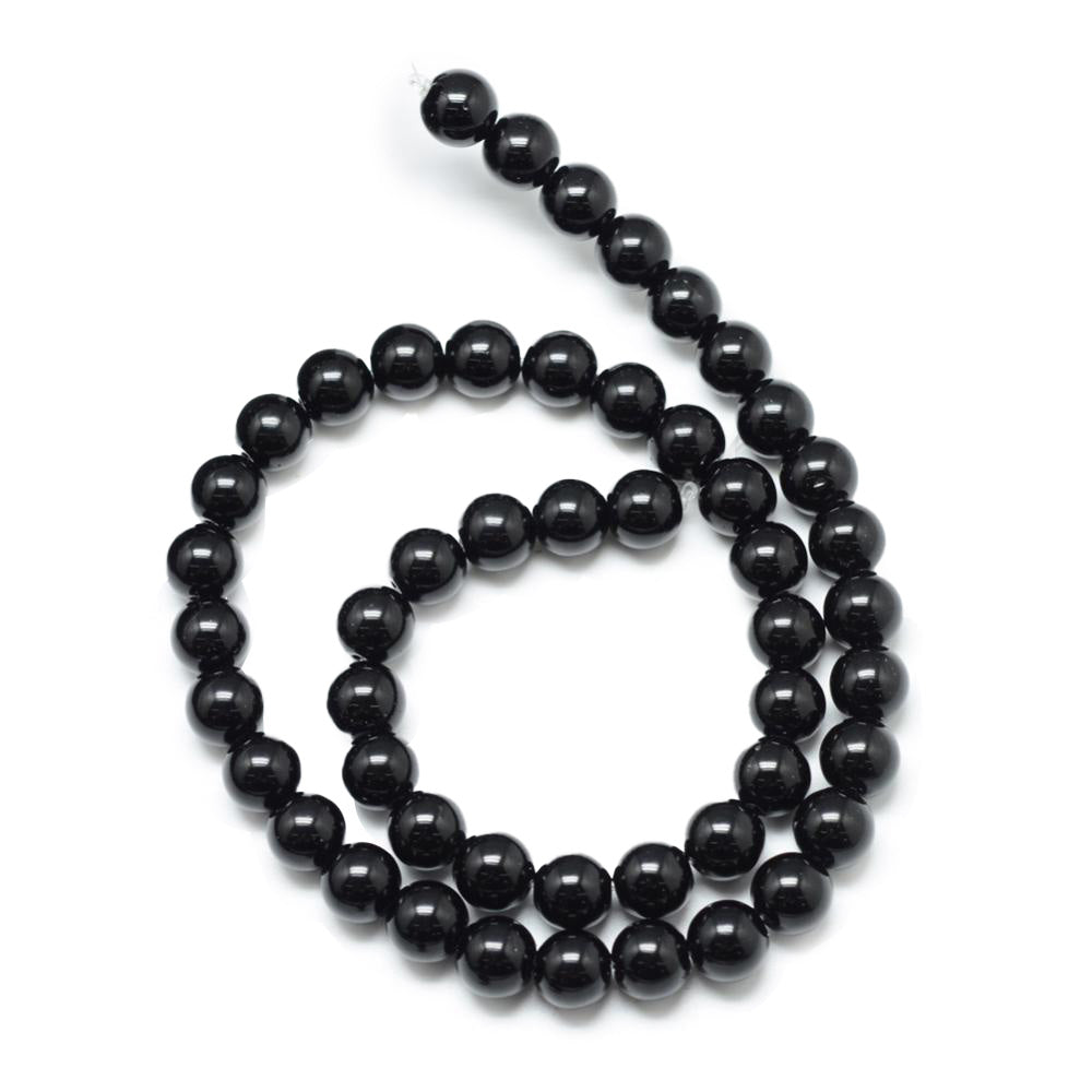 Synthetic Black Stone Beads, Round, Shinny Black Color. Affordable Stone beads.  Size: 6mm Diameter, Hole: 1mm; approx. 62pcs/strand, 15" Inches Long.  Material: Synthetic Black Stone Beads. Black Color. Polished, Shinny Finish. 