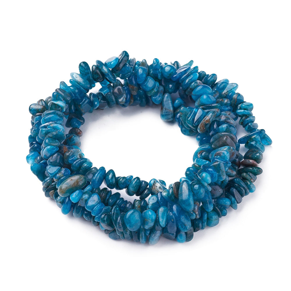 Genuine Blue Apatite Chip Beads, Semi-Precious Stone Chips for DIY Jewelry Making.  Size: approx. 4-13mm wide, 3-12mm long, hole: 1mm; approx. 32" Inches Long.  Material: Natural Apatite Chip Beads. Blue Colored Chip Beads. Polished, Shinny Finish.