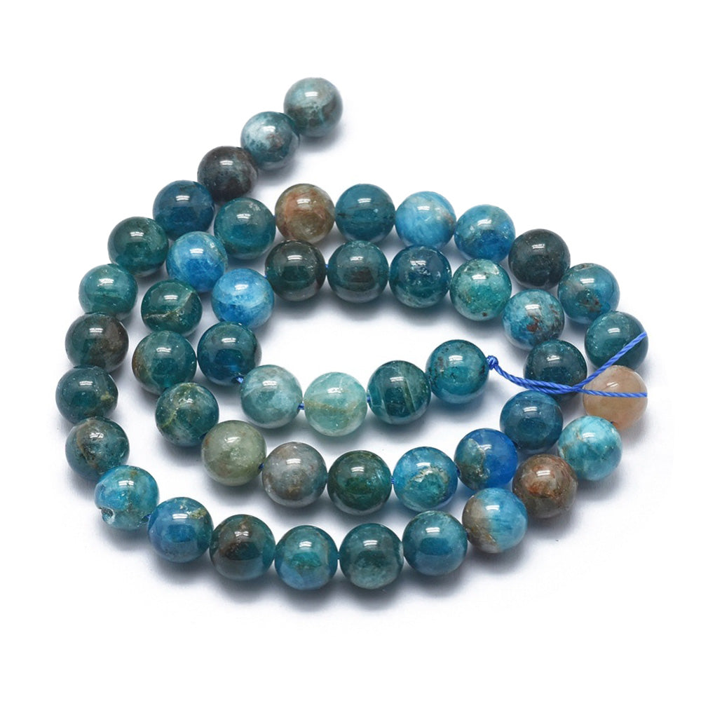 Stunning Blue Apatite Beads, Round, Blue Color. Semi-Precious Crystal Gemstone Beads for Jewelry Making.  Size: 8mm in Diameter, Hole: 1mm; approx. 48pcs/strand, 14.75" Inches Long.  Material: Genuine Natural Blue Apatite Crystal Loose Beads. Polished, Shinny Finish.