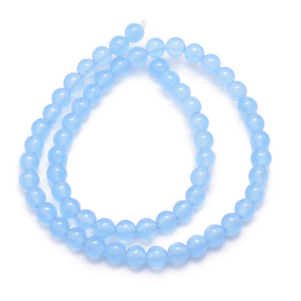 Blue Jade Beads, Round, Light Sky Blue Color. Semi-Precious Crystal Gemstone Beads for Jewelry Making. Great for Stretch Bracelets.  Size: 6mm in Diameter, Hole: 0.8mm; approx. 62pcs/strand, 14.5" Inches Long.  Material: Blue Jade Beads, dyed Light Sky Blue Color. Polished, Shinny Finish.