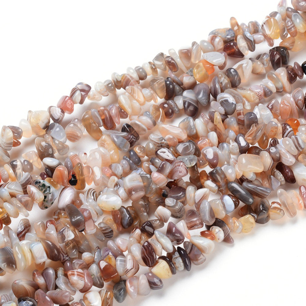 Genuine Botswana Agate Chip Beads, Semi-Precious Stone Chips for DIY Jewelry Making.  Size: approx. 5-8mm wide, 5-8mm long, hole: 1mm; approx. 32" Inches Long.  Material: Natural Botswana Chip Beads. Brown Colored Chip Beads. Polished, Shinny Finish.