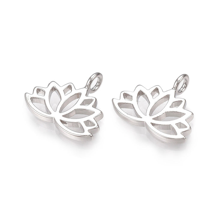 Platinum Plated Brass Lotus Flower Shaped Charms for DIY Jewelry Making.  Size: 10.5mm Length; 12.5mm Width; 1mm Thick; Hole: 1.8mm, 1pcs/package.  Material: Brass Charms Nickel Free, Real Platinum Plated Charms. Tarnish Resistant Charms.