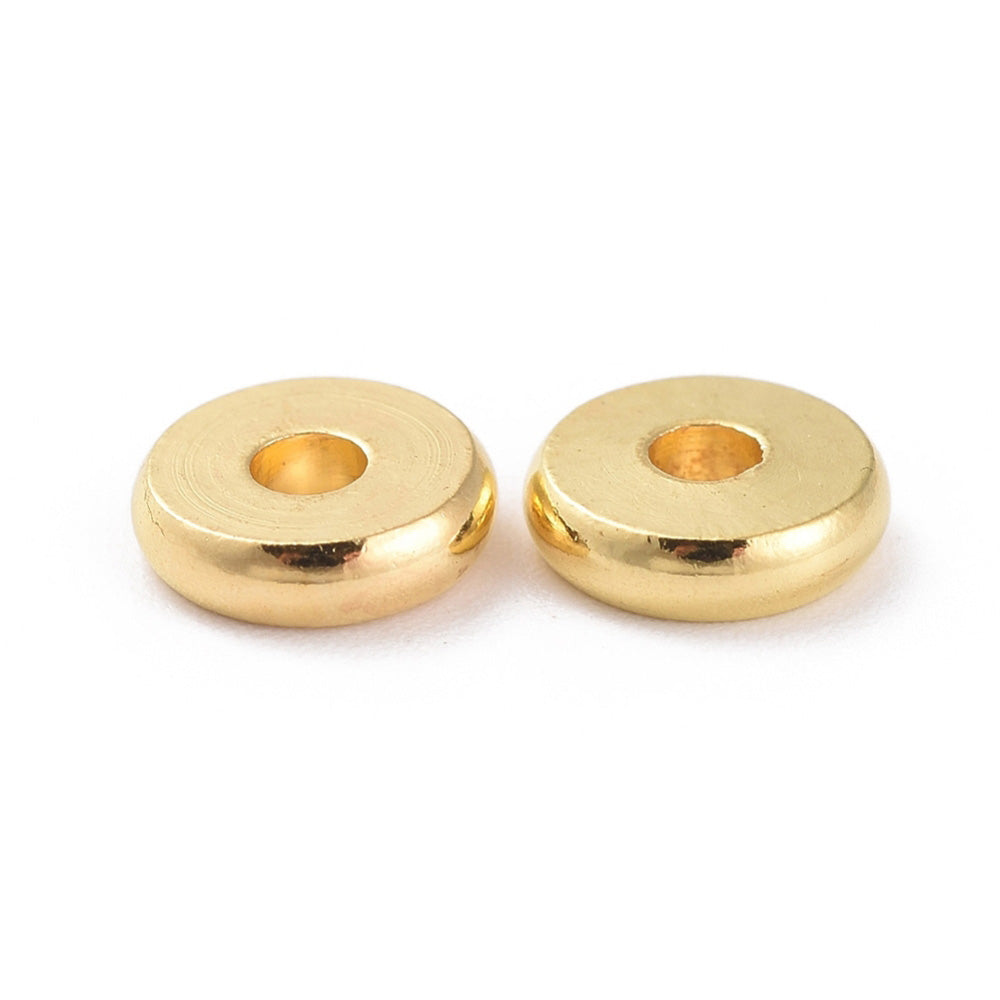 Brass Spacer Beads, Flat, Round, Disc Shape, Gold Color.   Size: 6mm Diameter, 1.5mm Thick, Hole: 2mm, approx. 50pcs/bag.  Material: Brass Spacers, Flat, Round Spacer Beads. Gold Plated Brass Disc Spacer Beads, Shinny Finish.