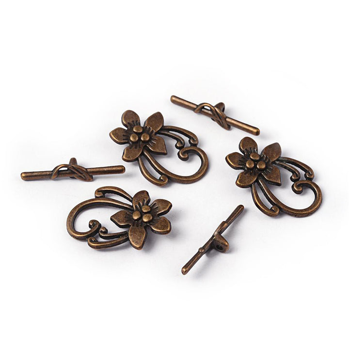 Toggle Clasp, Flower, Antique Bronze Color, 28x20mm, 4 set/package