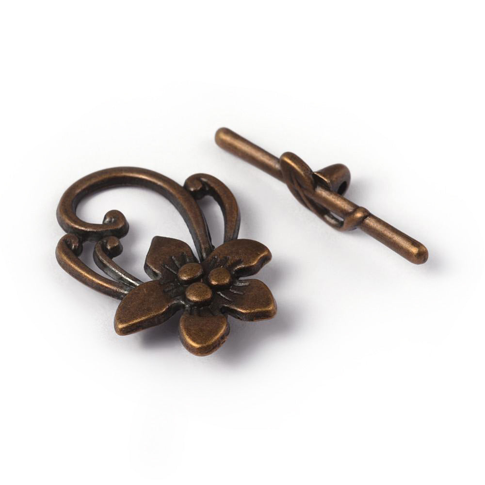 Toggle Clasp, Flower, Antique Bronze Color, 28x20mm, 4 set/package